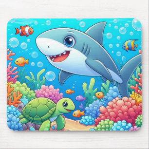 Tropical/Hawaii colourful underwater shark & turtl Mouse Pad
