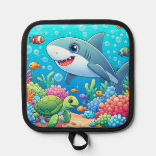 Tropical/Hawaii colourful underwater shark & turtl Pot Holder
