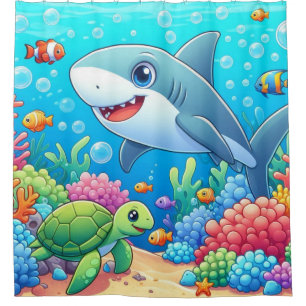 Tropical/Hawaii colourful underwater shark & turtl Shower Curtain