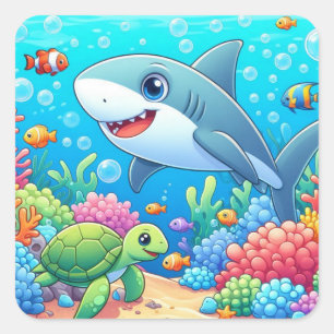Tropical/Hawaii colourful underwater shark & turtl Square Sticker