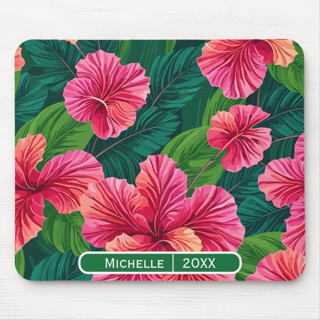 Tropical Hawaii Hibiscus Palm Leaves Modern Art Mouse Pad (Front)