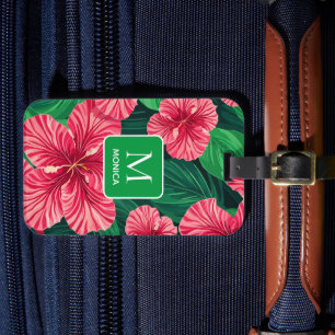 Tropical Hawaii Hibiscus Palm Leaves Monogram Luggage Tag