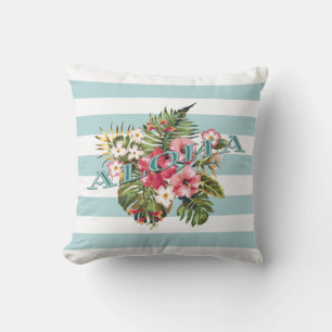 Tropical Hawaiian Aloha Floral & Aqua Stripe Cushion