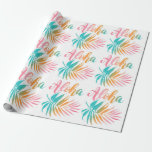 Tropical Hawaiian Aloha Palm Leaf Wrapping Paper<br><div class="desc">Tropical,  Hawaiian theme wrapping paper features a pattern of palm leaves and Aloha caption in summer shades of orange,  aqua and pink. Perfect for beach,  Hawaiian and coastal theme holidays,  birthdays,  weddings,  etc. Original artwork KL Stock.</div>