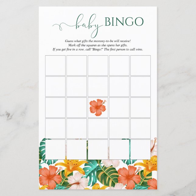 Tropical Hawaiian Baby Shower Baby Bingo Game (Front)
