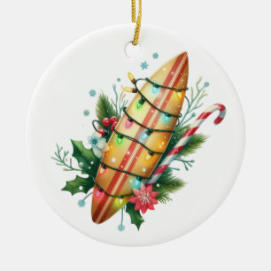 TROPICAL HAWAIIAN CHRISTMAS SURFBOARD WITH LIGHTS CERAMIC ORNAMENT