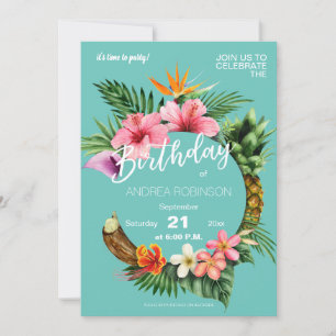 Tropical Hawaiian Floral Birthday Party Teal Blue Invitation