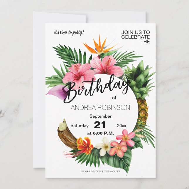 Tropical Hawaiian Floral Birthday Party White Invitation (Front)