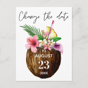 Tropical Hawaiian Floral & Coconut Change the Date Postcard