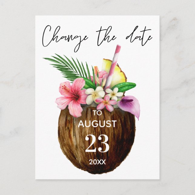 Tropical Hawaiian Floral & Coconut Change the Date Postcard (Front)