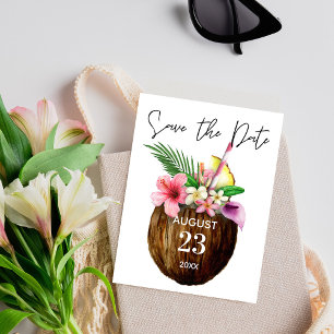 Tropical Hawaiian Floral & Coconut Save the Date Postcard