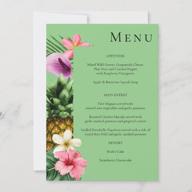 Tropical Hawaiian Floral Menu- Green Invitation (Front)