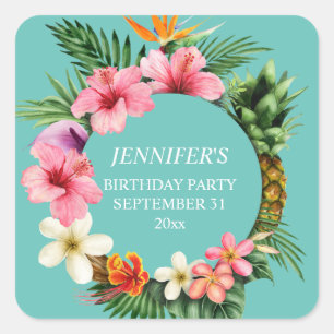 Tropical Hawaiian Floral Name - Blue Square Sticker