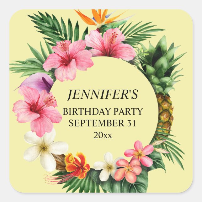 Tropical Hawaiian Floral Name - Yellow Square Sticker (Front)