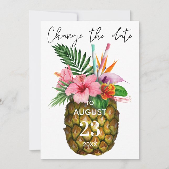 Tropical Hawaiian Floral Pineapple Change the Date Invitation (Front)