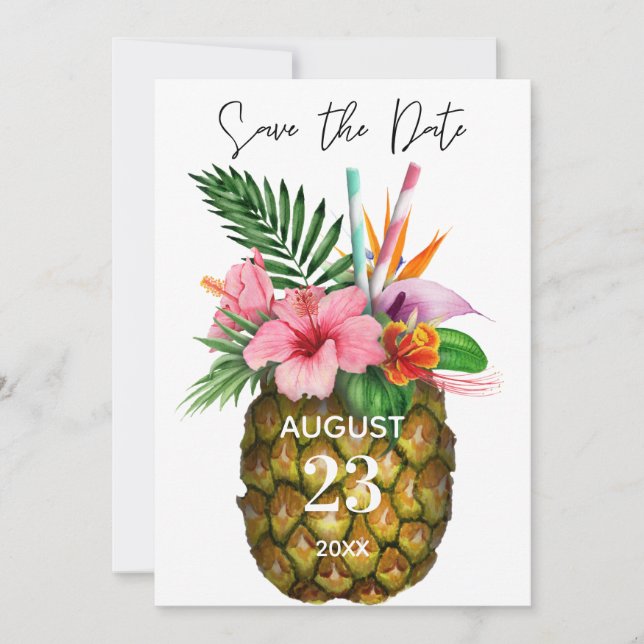 Tropical Hawaiian Floral & Pineapple Save the Date (Front)