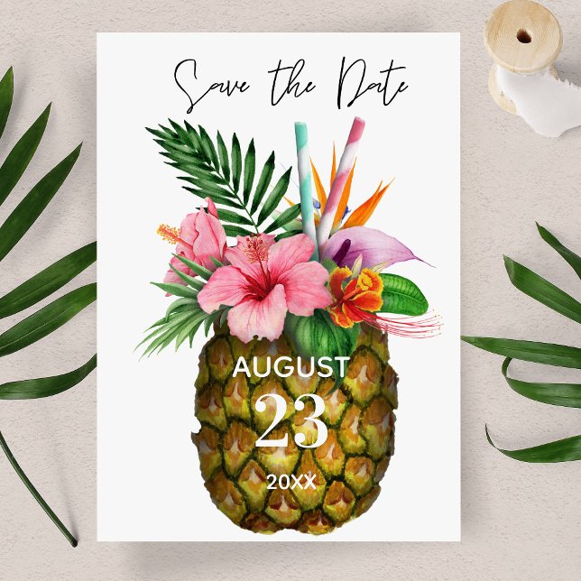 Tropical Hawaiian Floral & Pineapple Save the Date Postcard (Creator Uploaded)