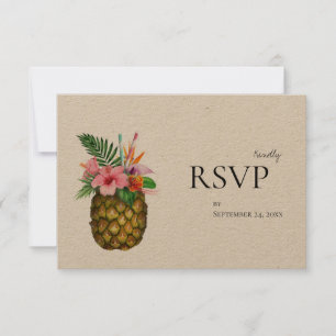 Tropical Hawaiian Floral & Pineapple w/ Meal Kraft RSVP Card
