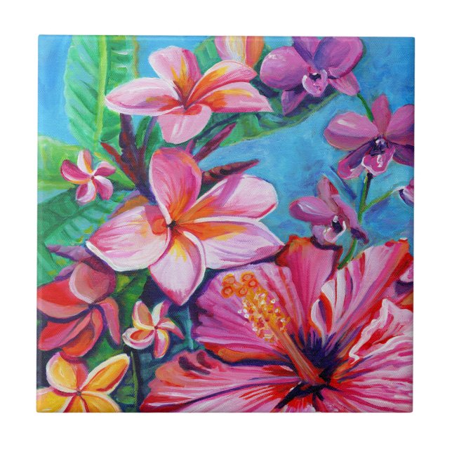 Tropical Hawaiian Flowers Ceramic Tile (Front)