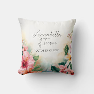 Tropical Hawaiian Flowers Custom Name Wedding Cushion