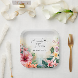 Tropical Hawaiian Flowers Custom Name Wedding Paper Plate