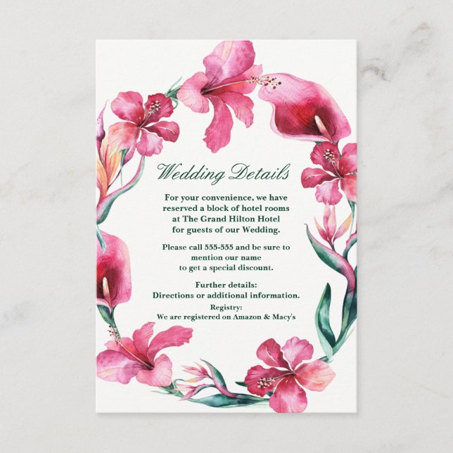 Tropical Hawaiian Flowers Elegant Wedding Details Enclosure Card (Front)