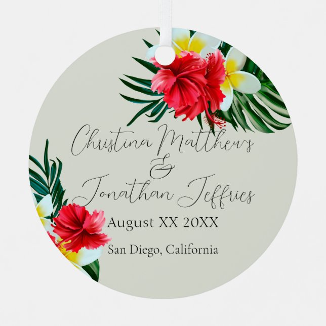 Tropical Hawaiian Flowers Elegant Wedding on Sage Metal Tree Decoration (Front)