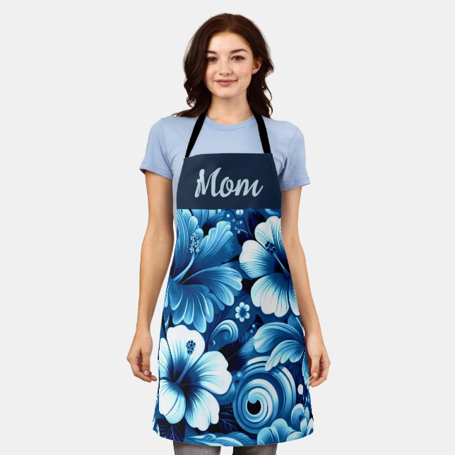 Tropical Hawaiian Flowers Hibiscus Blue Pattern Apron (Worn)