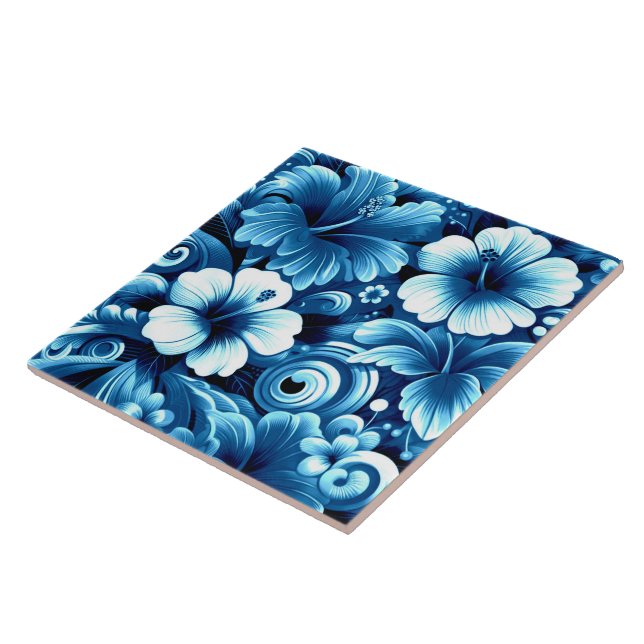 Tropical Hawaiian Flowers Hibiscus Blue Pattern Ceramic Tile (Side)