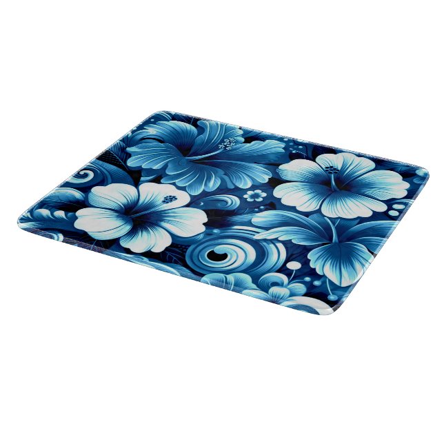 Tropical Hawaiian Flowers Hibiscus Blue Pattern Cutting Board (Corner)