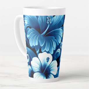 Tropical Hawaiian Flowers Hibiscus Blue Pattern Latte Mug