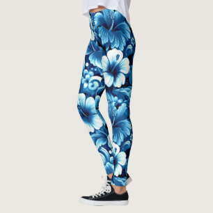 Tropical Hawaiian Flowers Hibiscus Blue White Leggings
