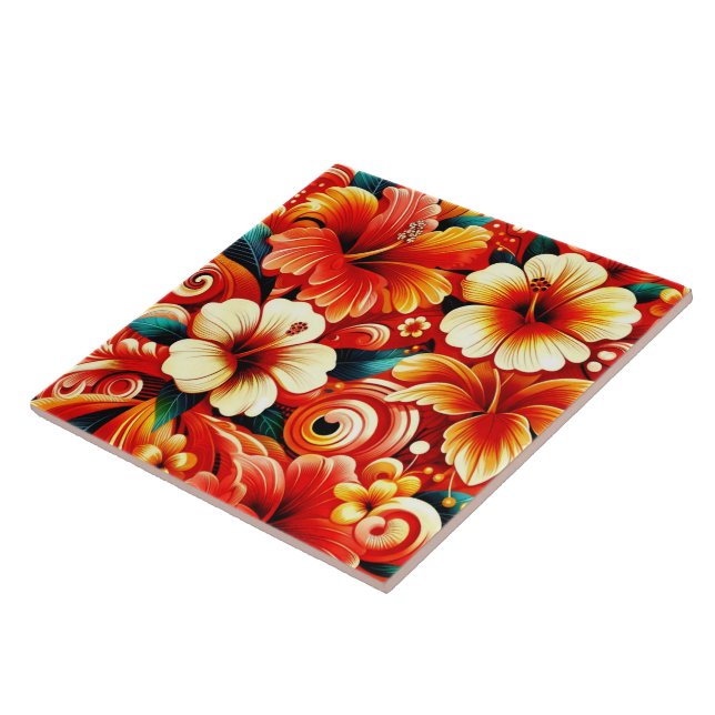 Tropical Hawaiian Flowers Hibiscus Orange Pattern Ceramic Tile (Side)