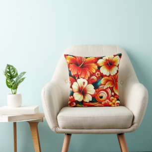 Tropical Hawaiian Flowers Hibiscus Orange Pattern Cushion