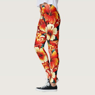 Tropical Hawaiian Flowers Hibiscus Orange Yellow Leggings