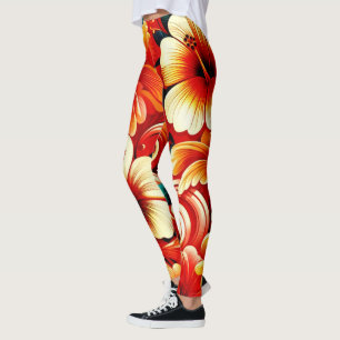 Tropical Hawaiian Flowers Hibiscus Orange Yellow Leggings