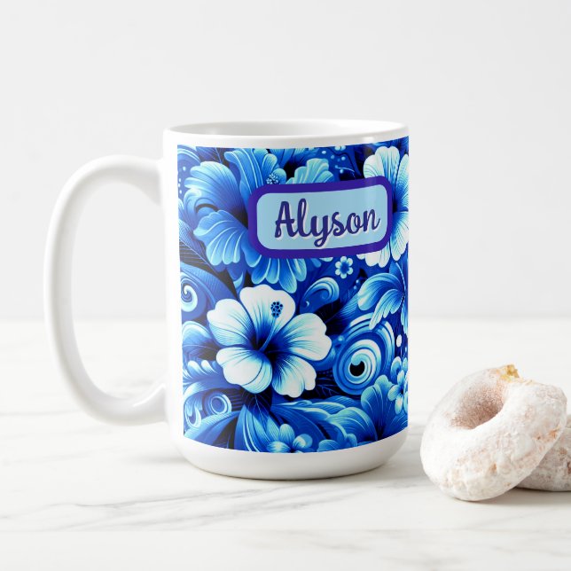 Tropical Hawaiian Flowers Hibiscus Personalised Coffee Mug (With Donut)