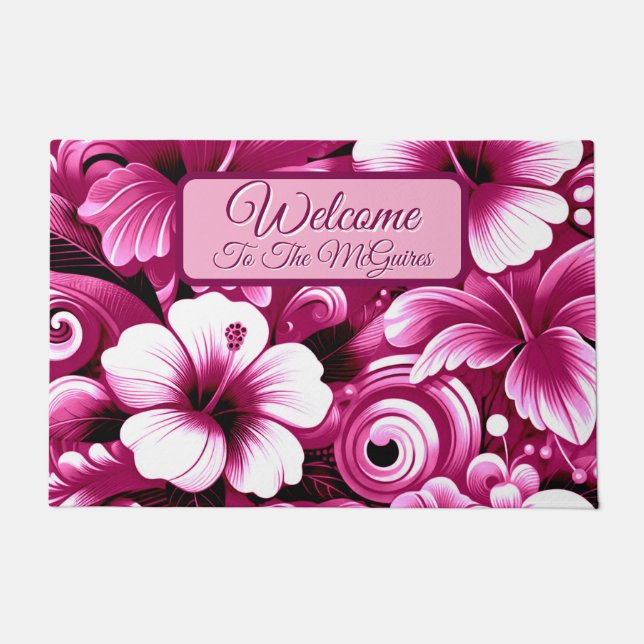 Tropical Hawaiian Flowers Hibiscus Personalised Doormat (Front)