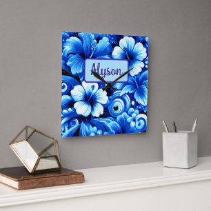 Tropical Hawaiian Flowers Hibiscus Personalised Square Wall Clock