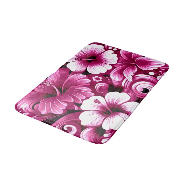 Tropical Hawaiian Flowers Hibiscus Pink Pattern Bath Mat (Angled)