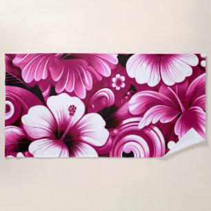 Tropical Hawaiian Flowers Hibiscus Pink Pattern Beach Towel