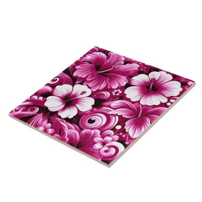 Tropical Hawaiian Flowers Hibiscus Pink Pattern Ceramic Tile (Side)