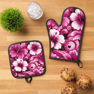 Tropical Hawaiian Flowers Hibiscus Pink Pattern Oven Mitt & Pot Holder Set