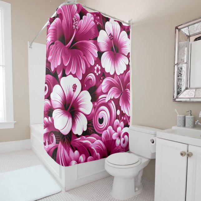 Tropical Hawaiian Flowers Hibiscus Pink Pattern Shower Curtain (In Situ)