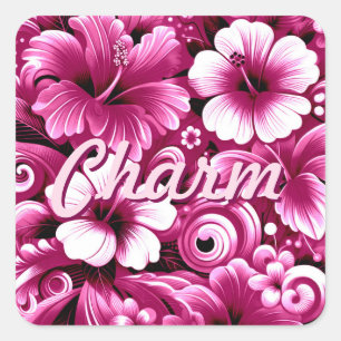 Tropical Hawaiian Flowers Hibiscus Pink White Square Sticker