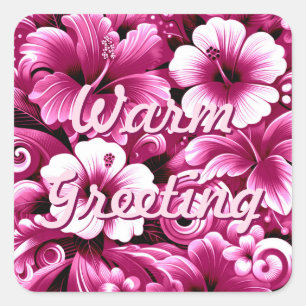 Tropical Hawaiian Flowers Hibiscus Pink White Square Sticker