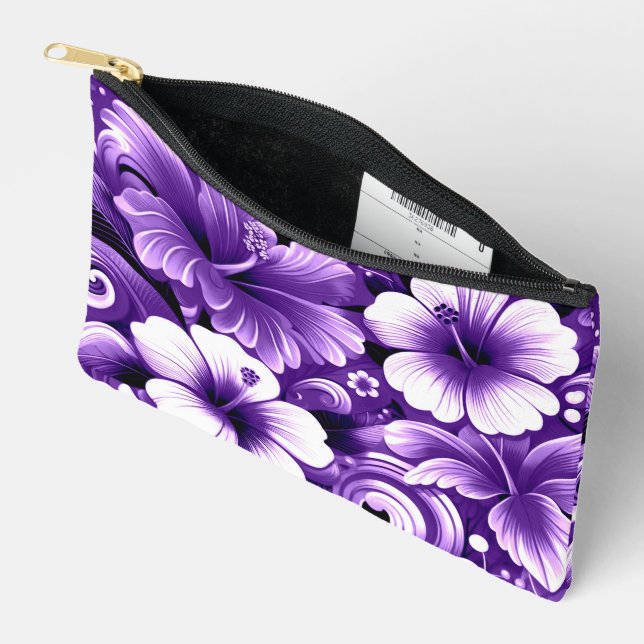 Tropical Hawaiian Flowers Hibiscus Purple Pattern Accessory Pouch (Open)
