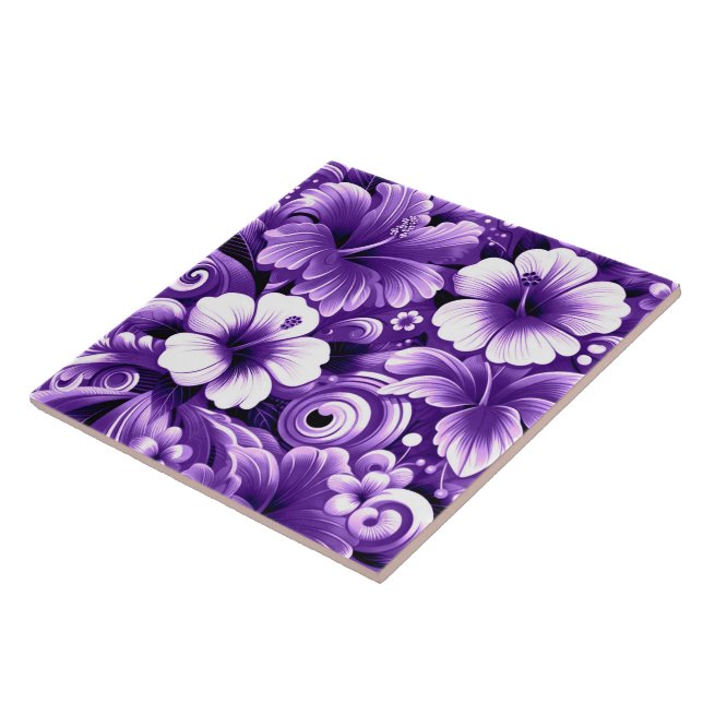 Tropical Hawaiian Flowers Hibiscus Purple Pattern Ceramic Tile (Side)