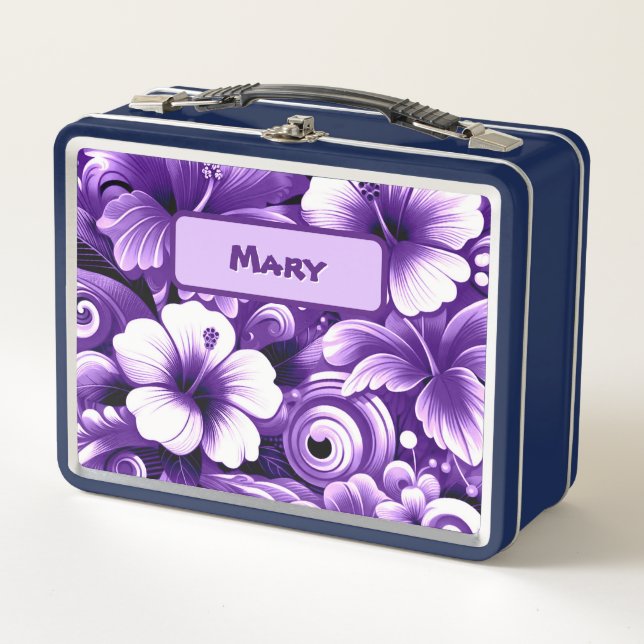 Tropical Hawaiian Flowers Hibiscus Purple Pattern Metal Lunch Box (Front)