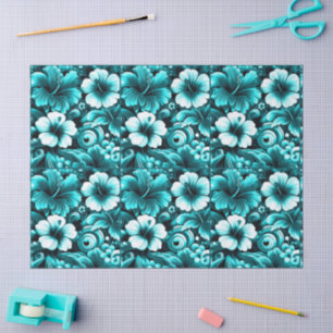 Tropical Hawaiian Flowers Hibiscus Teal Decoupage Tissue Paper